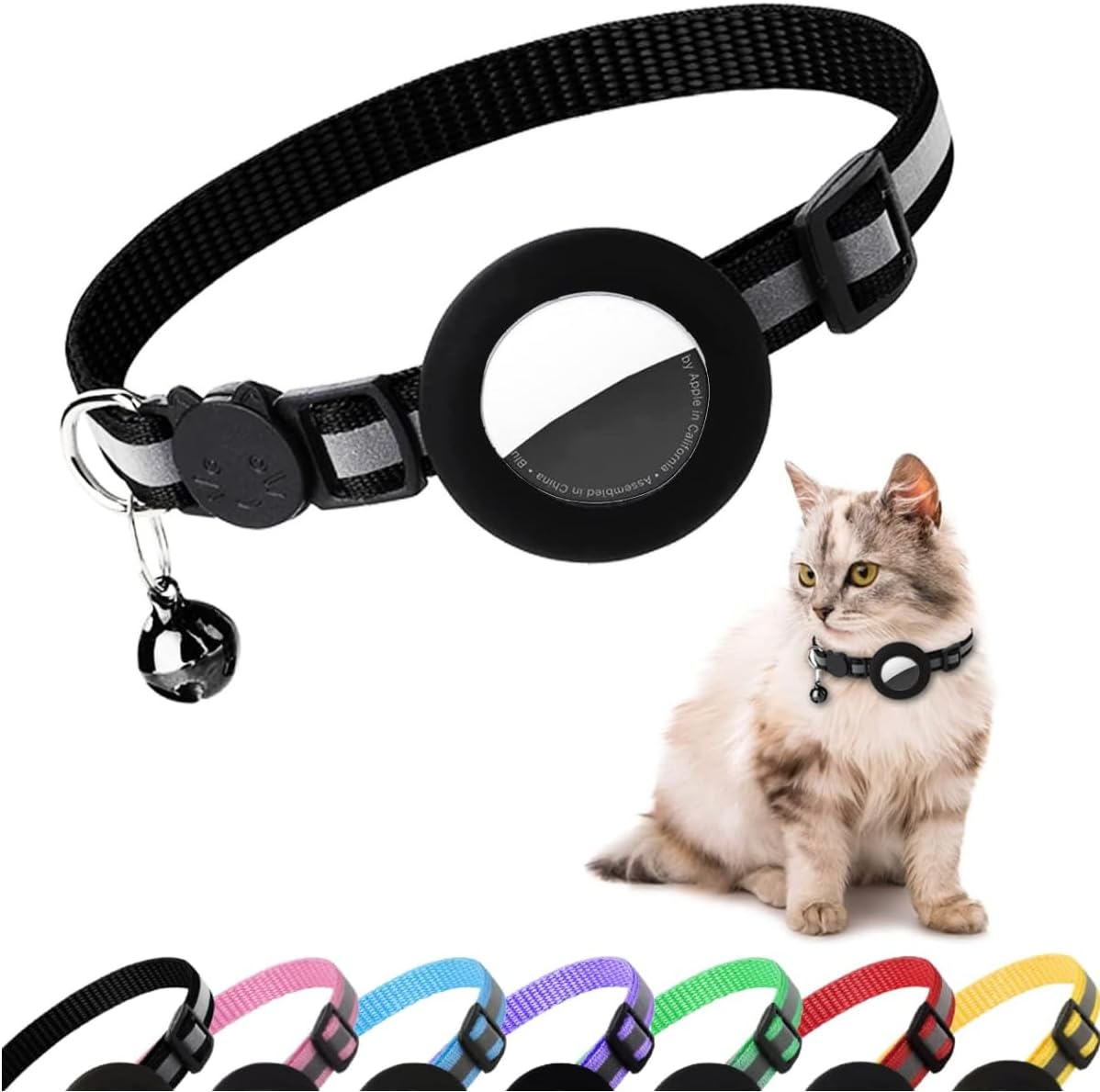 Airtag Cat Collar, Air tag Cat Collar with Bell and Safety Buckle in 3/8" Width, Reflective Collar with Waterproof Airtag Holder Compatible with Apple Airtag for Cat Dog Kitten Puppy (Black)