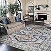 Area Rug Living Room Rugs - 5x7 Large Machine Washable Boho Carpets Vintage Persian Tribal Anti Slip Backing Thin Carpet for Under Dining Table Bedroom Farmhouse Home Office Grey Blue