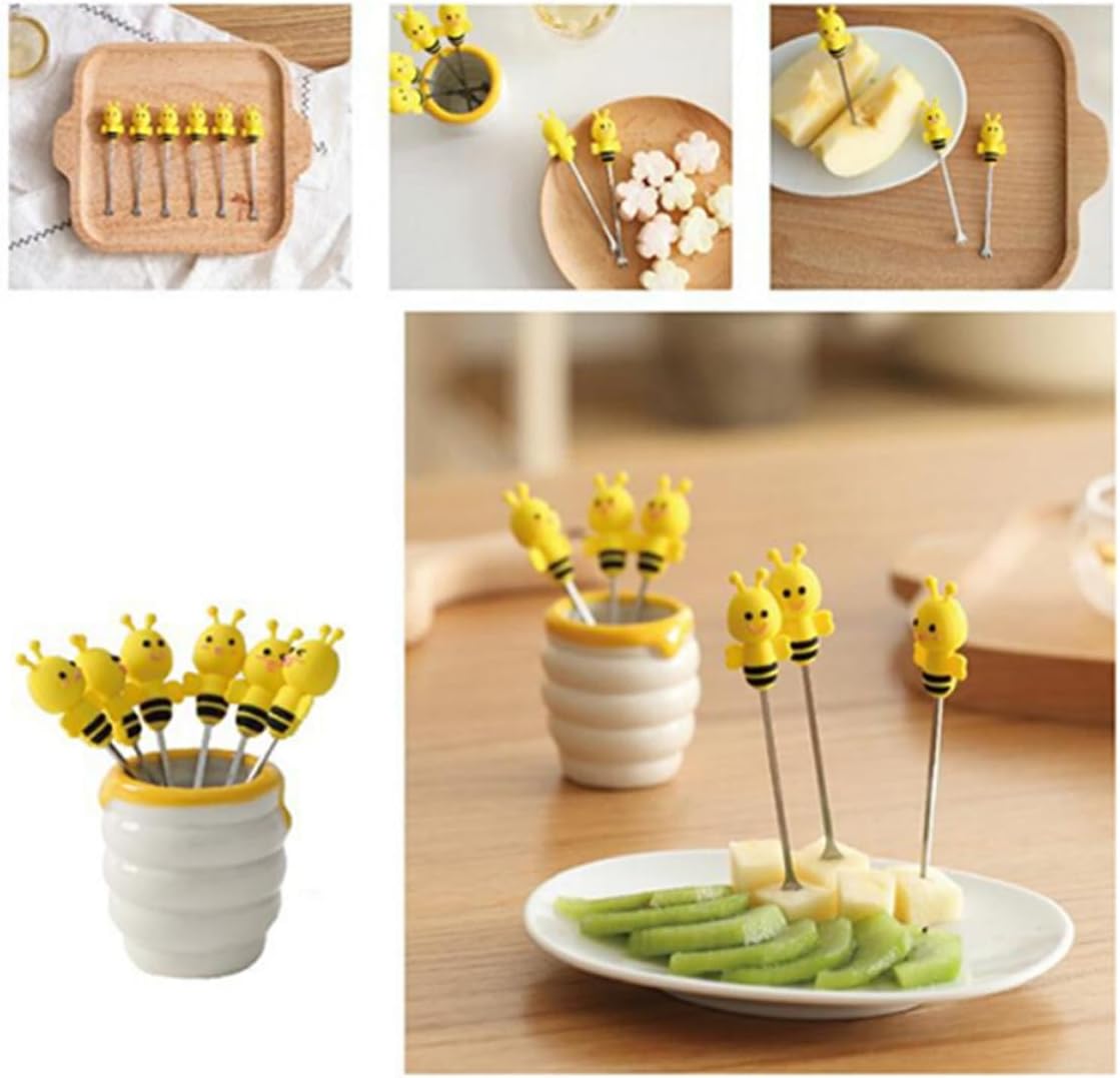 7 Pcs Bee Fruit Forks Set Dessert Picks with Ceramic Holder