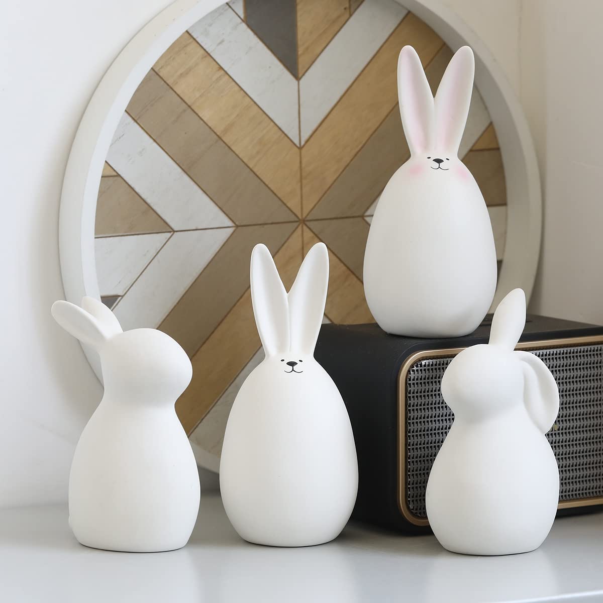 2 Figurines Lapin De Pâques En Céramique Blanche - Statues Mignonnes Déco Printemps & Paques - Lot De 2