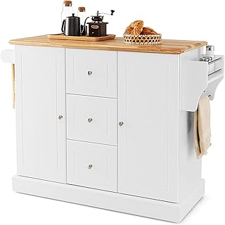 COSTWAY Large Kitchen Island on Hidden Wheels, Rolling Stora