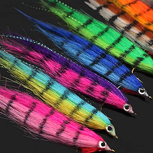 Tigofly 16 pcs 8 Barred Colors 12cm Minnow Fry Salmon Trout Sea Bass Steelhead Zebra Minnow Fly Fishing Flies Lure Set (Size 1/0)