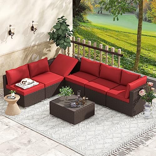 Image of DEVOKO Outdoor Sectional 3 Piece All-Weather Wicker HDPE Rattan Sofa Conversation Set with Table for Garden, Poolside (Dark Brown and Red)
