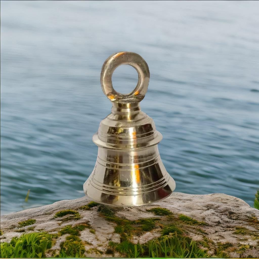 PARIJAT HANDICRAFT Deep Sound Engraved Hanging Brass Temple Bell/Ghanta for Pooja Room, Mandir, Home Decor Religious Item Pooja Bell (Temple-Bell-3.2 Inch)