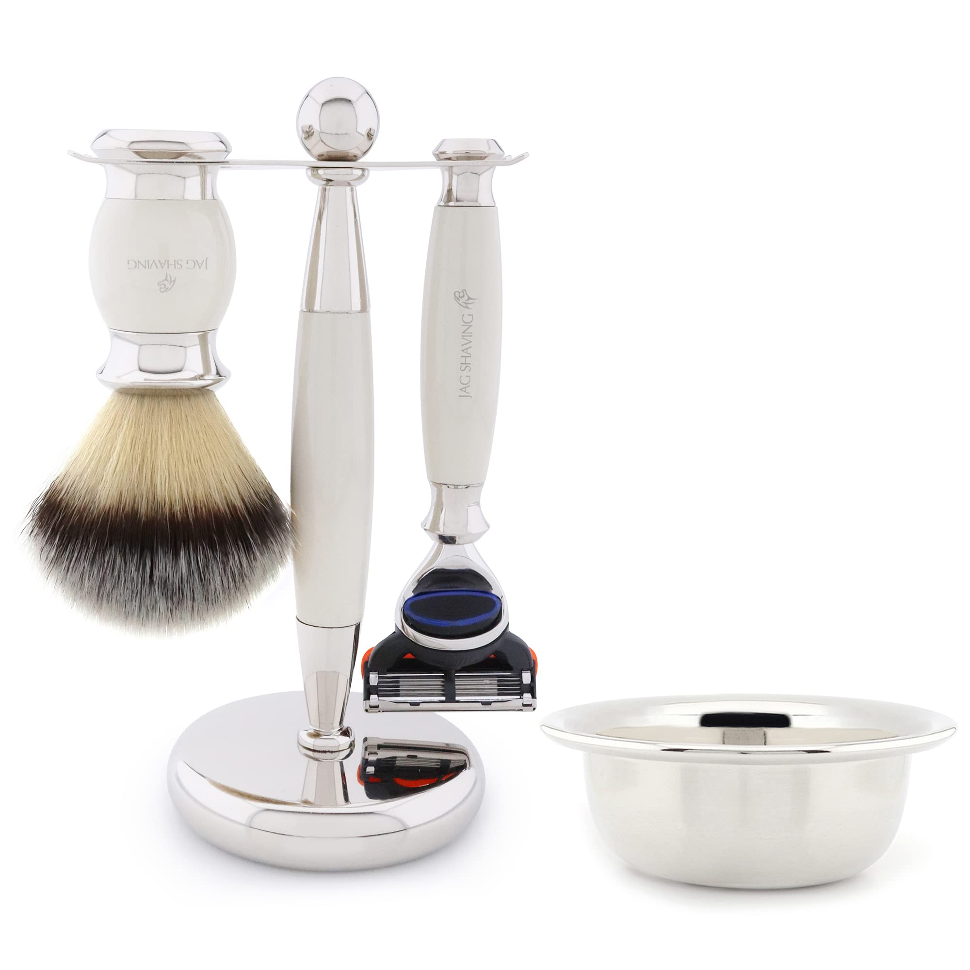 Jag Shaving Rasierset - 4-teiliges Rasierset - JAG's LEE Range - Synthetik Silberspitzhaar Rasierpinsel - 5 Kante Rasierklingen Rasierhobel - Rasierschale - Rasierständer - Elfenbein Geschenkset