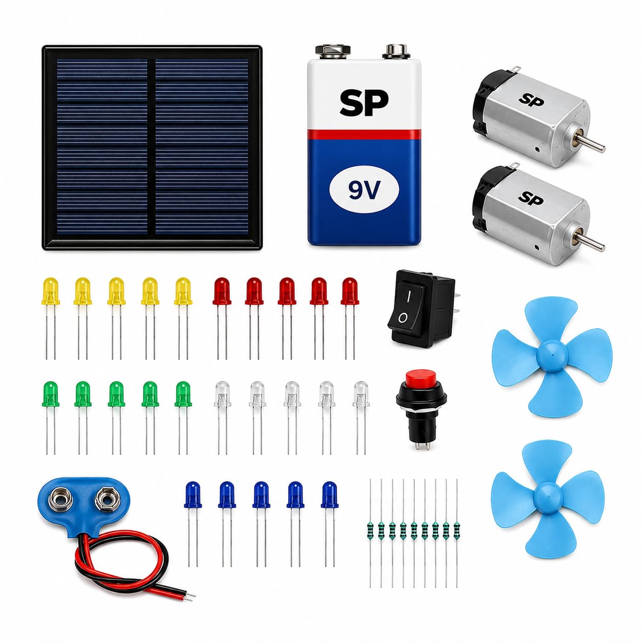 solar electronics components kit with solar panel, dc motors, led assortment, push button, rocker switch, fan blades, 9v battery, battery connector and resistors for diy projects
