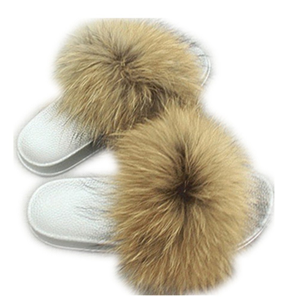 QMFUR Women Real Fox Fur Open Toe Slide Slippers On Sandals Multicolor (12, Silver-Natural Raccon)