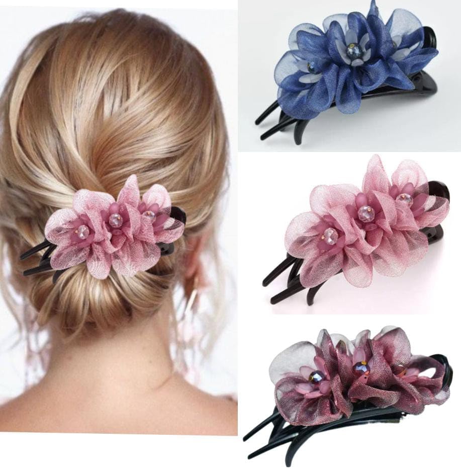 Miss Lirenn® 03 PCS Elegant Floral Hair Clip with Crystal Accents, Black Duck Clips, Hair Accessory for Girls & Womens, 9 cm, Multi-Colour Pack (Multicolor)