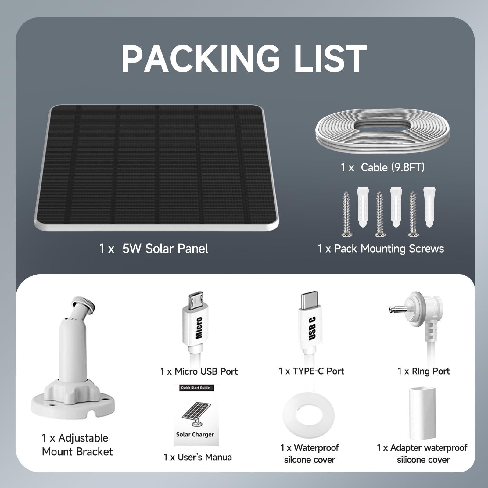 Pannello solare da 5 W per fotocamera ad anello, compatibile con riflettori ad anelli e batteria per esterni Stick Up, include spina a cilindro a adattatore micro USB e porta USB-C, 3600 mAh