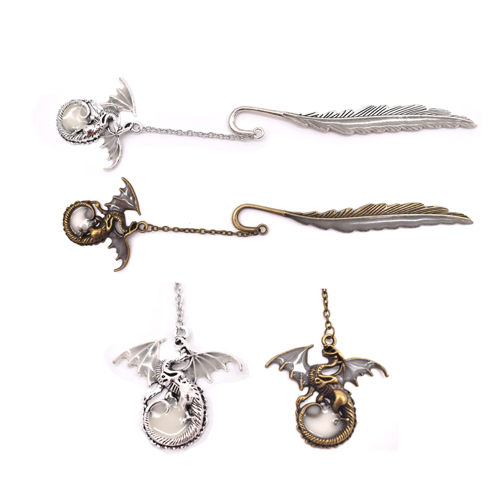 Marcapáginas Metal,Liwein 2 Piezas Marcador de Libros Plumas Dragón Vintage Creativas Brilla Marcapagina para Niñas Niños Estudiantes Mujeres Escuela Oficina Papelería(Plata Antigua Cobre)