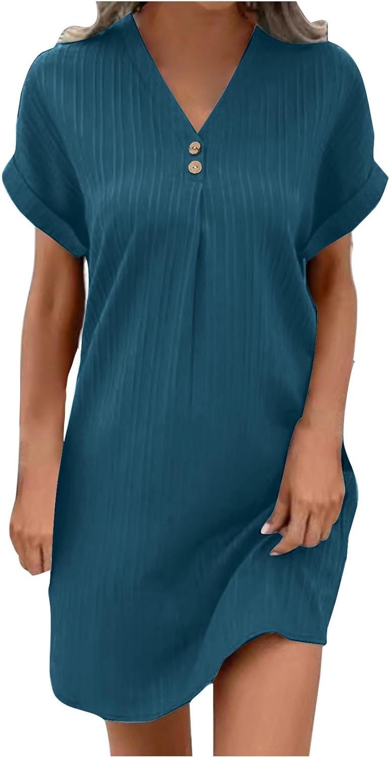 Generisch Robe D'été Courte Pour Femme - Col En V - Décontractée - Confortable - En Coton Et Lin - Longue Fente Latérale - Robe De Bal - Robe D'été Légère, Lilas, XXL