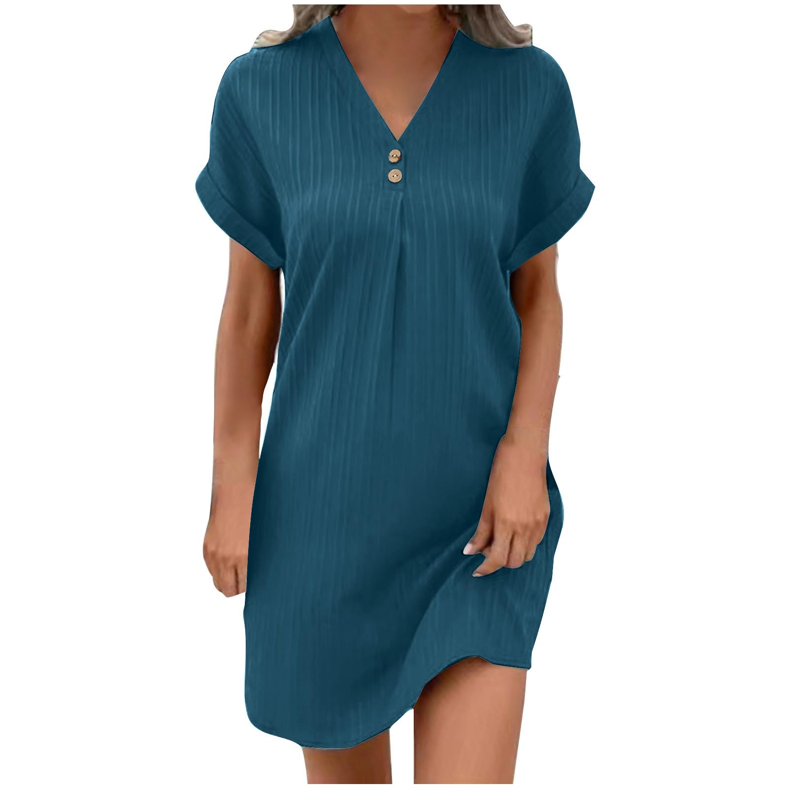AMhomely Cotton/Linen Summer Midi Dresses for Women UK-Button V Neck Casual Dress,Rolled Short Sleeve,Pleated Front,Stripe,Loose Plain Smocked Dresses,Holiday Sundress Going Out B Green S โ image 1