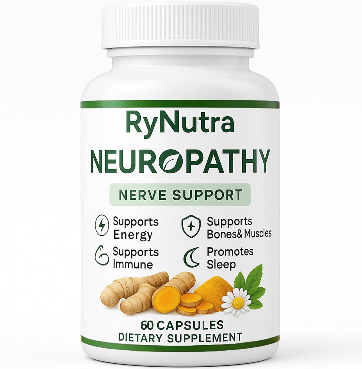 Rynutra Nerve Support Supplement, Capsules for Neuropathy with CoQ10, Turmeric, L-Carnitine, Butcher’s Broom, Alpha Lipoic Acid, Enhance Nerve Calming, Promote Overall Well-Being, 60 Capsules