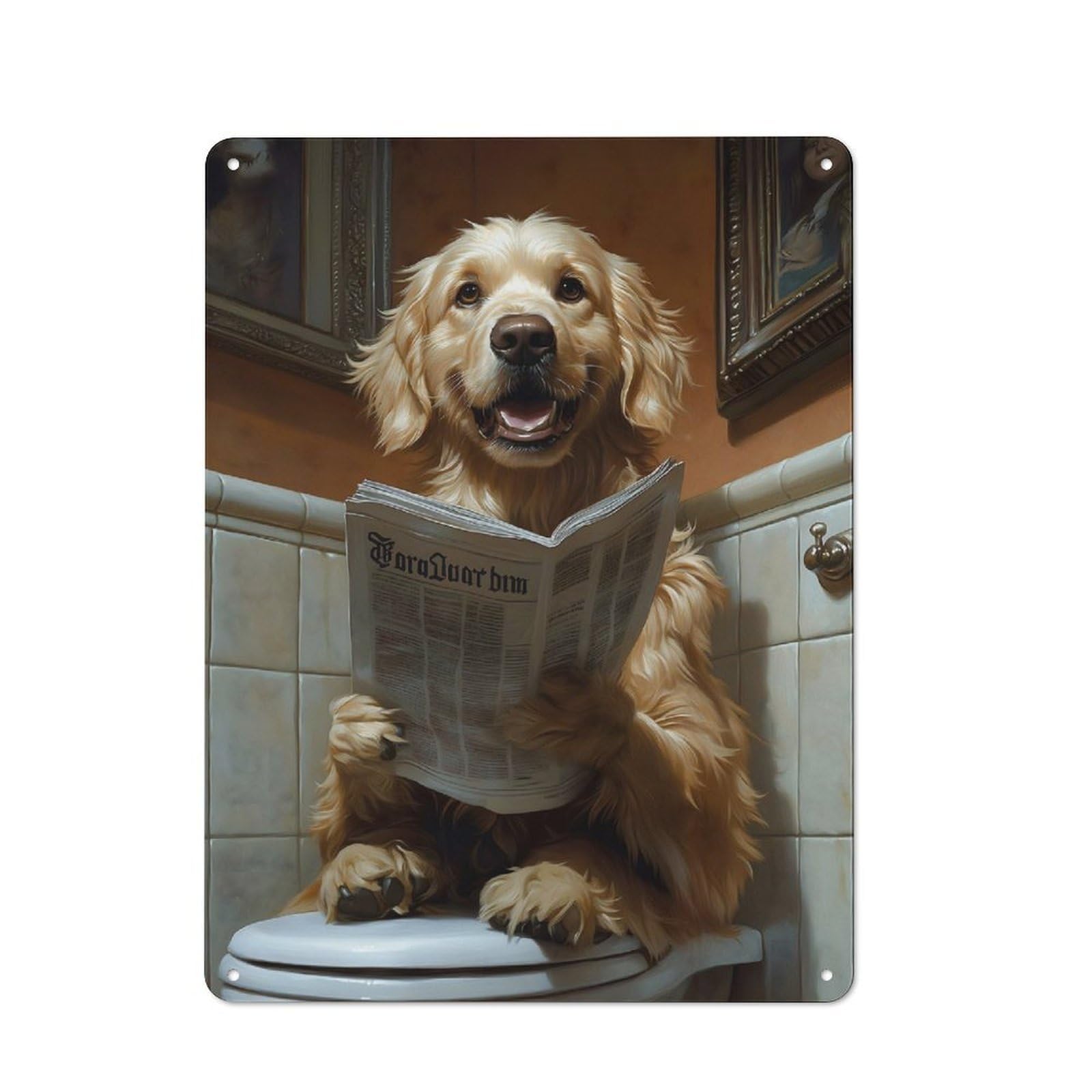 Golden Retriever Reading Newspaper on Toilet Vintage Tin Sign 40x30cm for Pub Or Café, for Everyday Room Decor with A Vintage Look