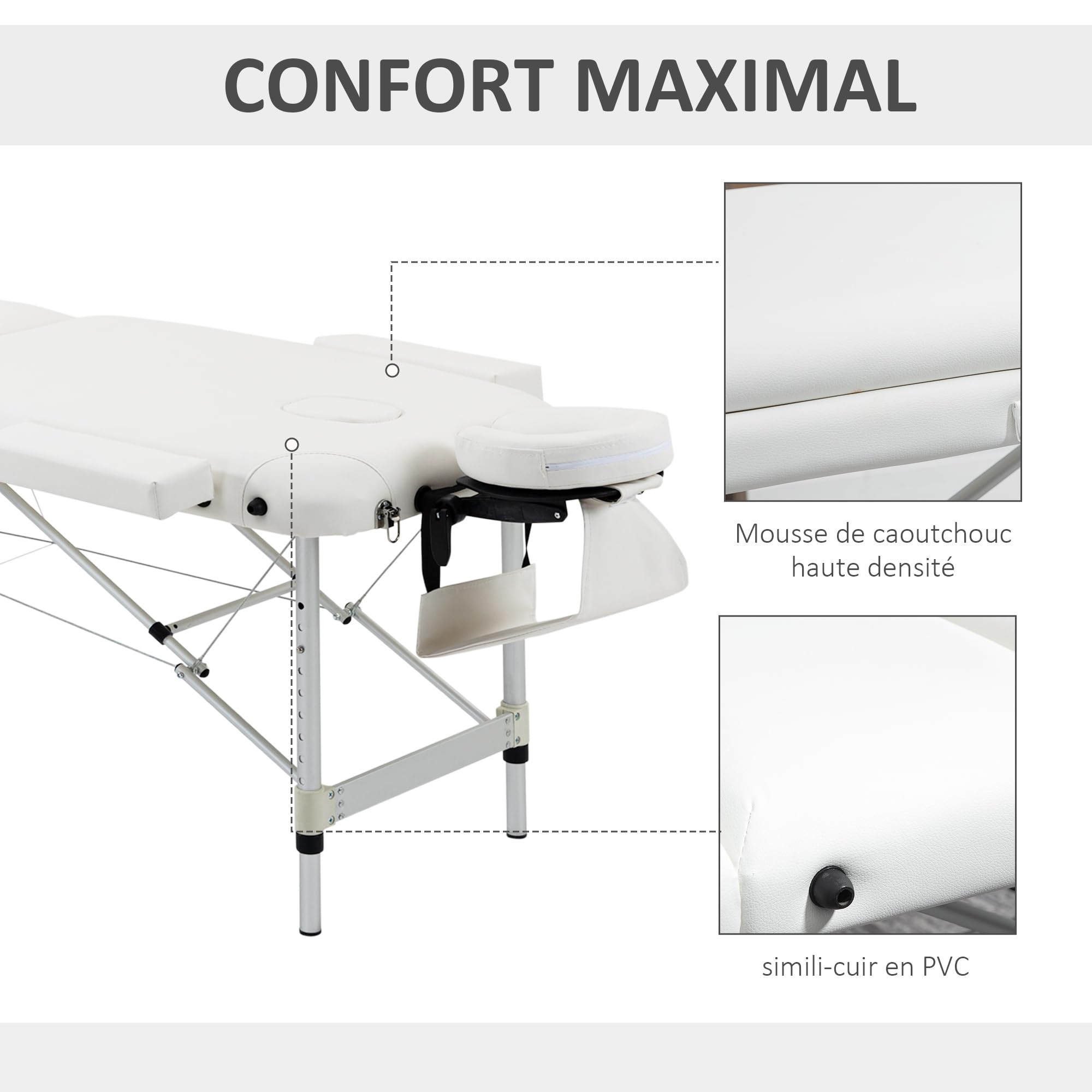 HOMCOM Table de Massage Pliante Charge Max. 225 Kg Blanc | Hauteur Réglable, Cadre en Alliage d'Aluminium, Cosmétique, Lit de Massage Portable
