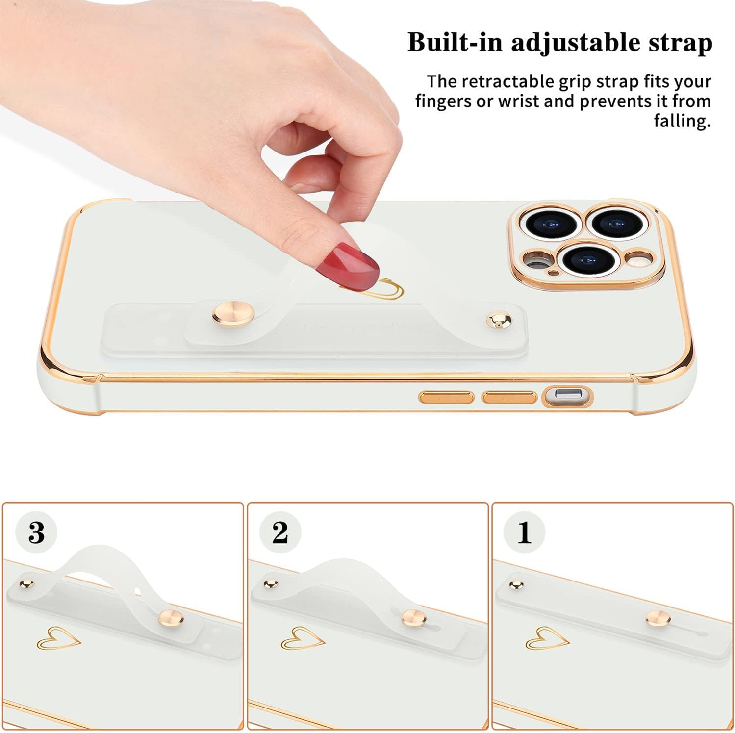 for iPhone 15 Pro Case for Women Girls, Bling Luxury Plated Bumper with Cute Love-Heart Design, Adjustable Hand Strap Stand, Raised Edges Shockproof Protection for iPhone 15 Pro - White - Image 3