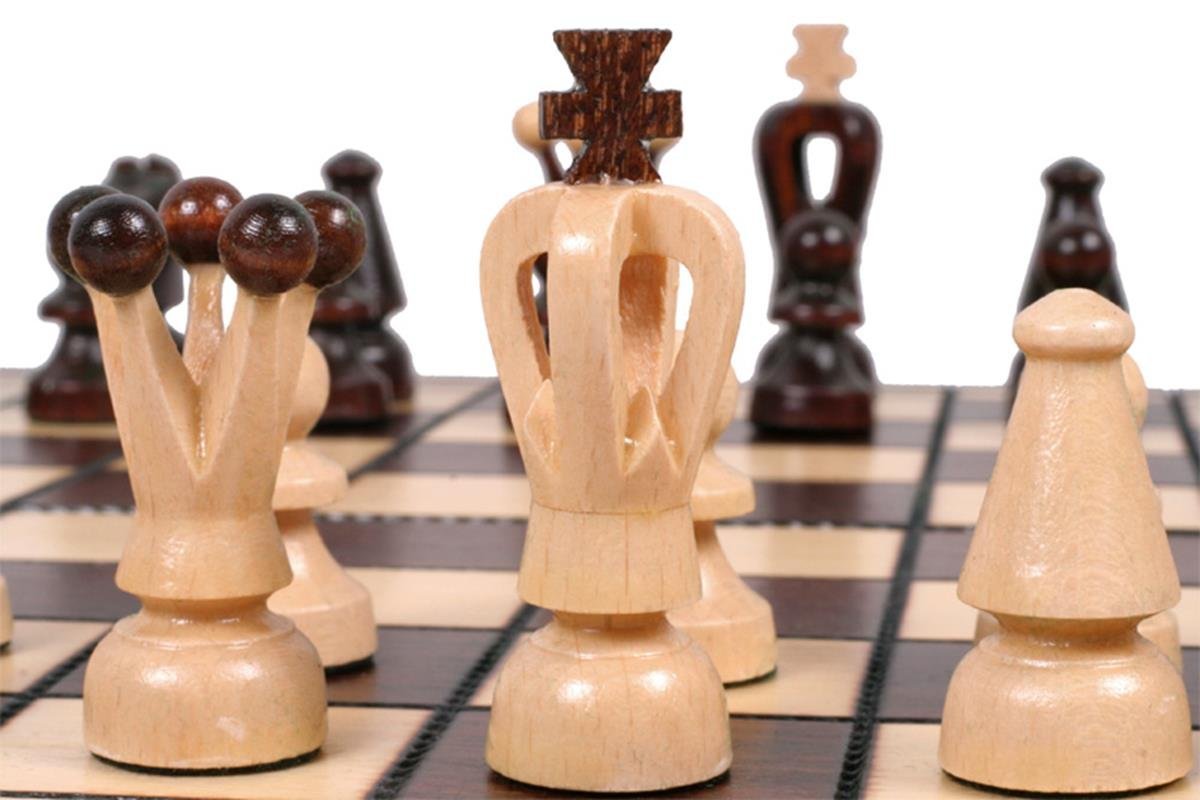 Sunrise Chess & Games - Scacchi e dama gioco in legno 2 in 1 35 x 35 cm - Piccola scacchiera pieghevole con pezzi in carpino