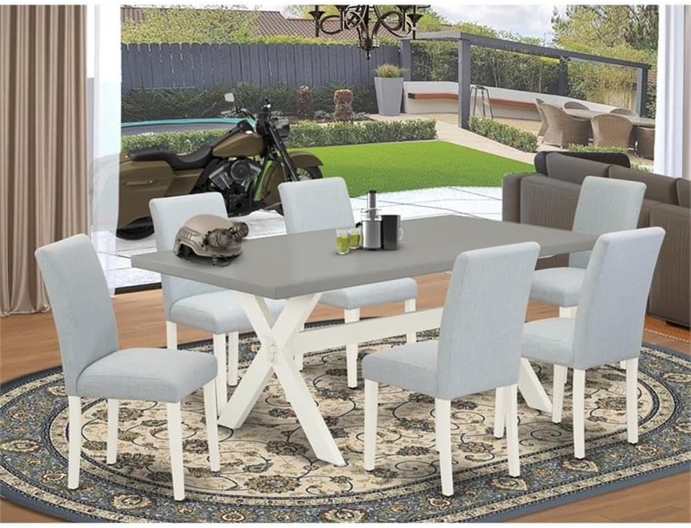 East West Furniture X097AB015-7 7 Piece Dining Set Consist of a Rectangle Dining Room Table with X-Legs and 6 Baby Blue Linen Fabric Upholstered Parson Chairs, 40x72 Inch, Multi-Color