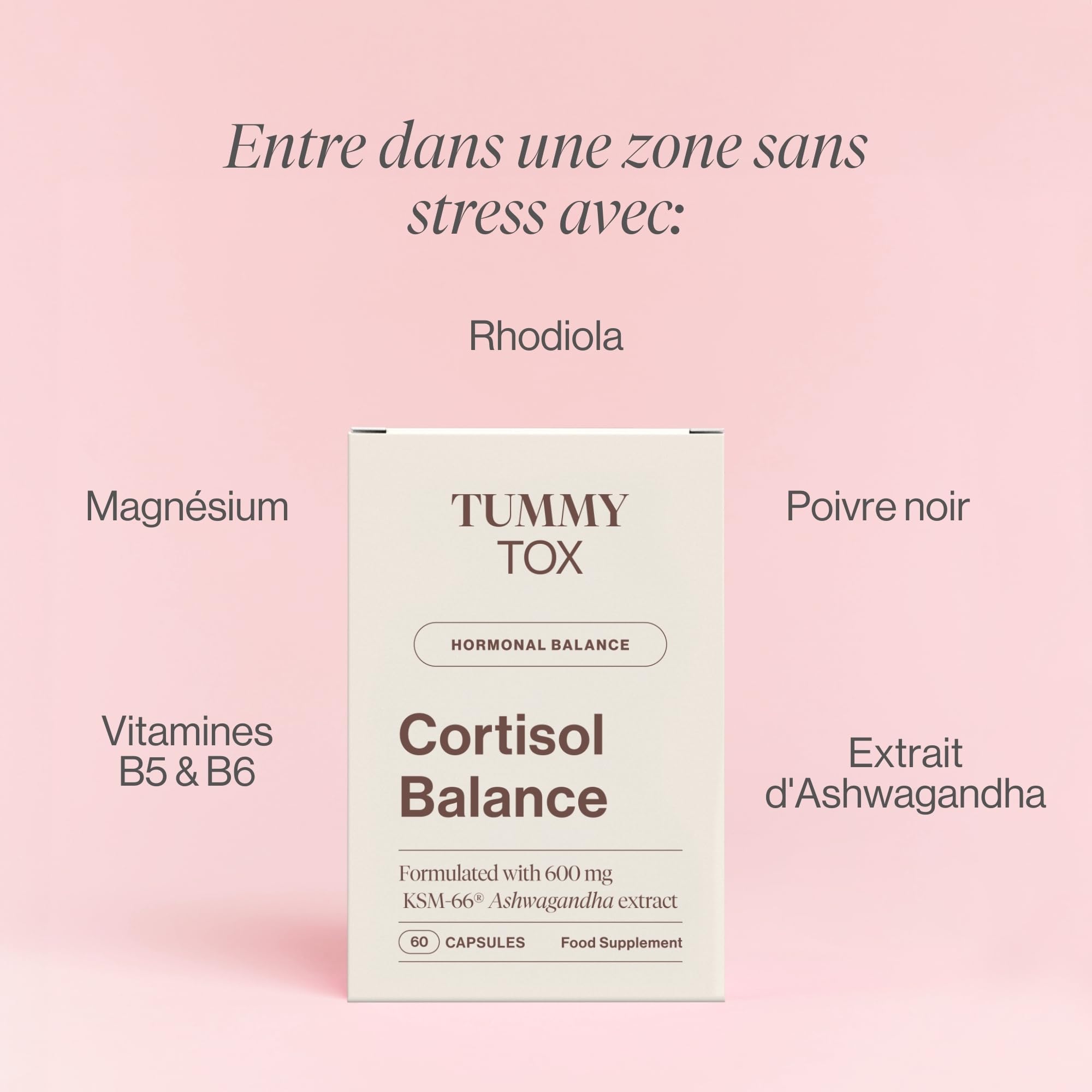 Tummy Tox Cortisol Balance - Ashwagandha et Rhodiola, 180 Gélules | KSM-66 600 mg, Vitamines B6 et B5, le Magnésium contribue à réduire la Fatigue