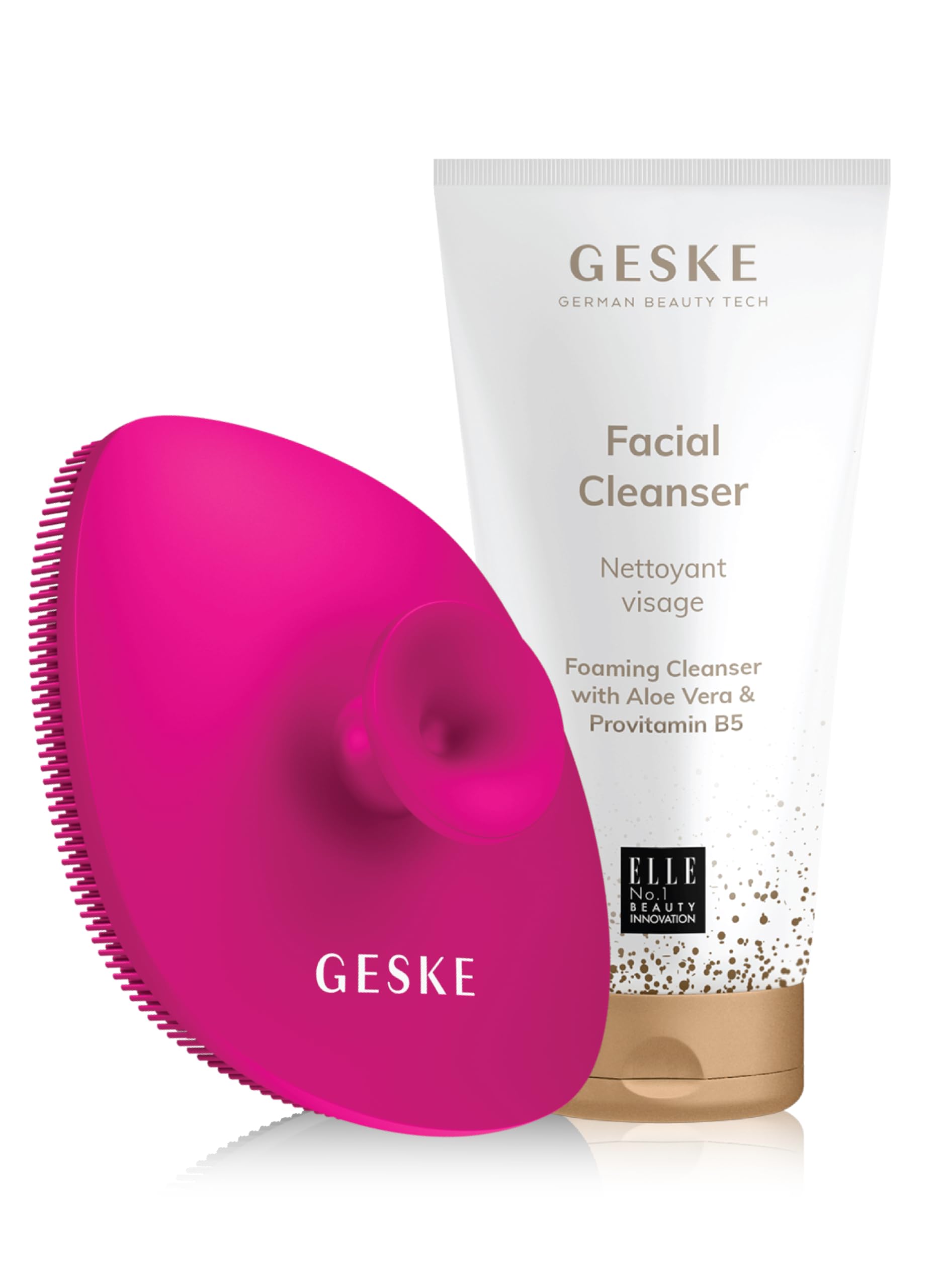 Geske Foaming Cleanser Lotion,Aloe Vera & Provitamin B5, Deep Cleanse, Exfoliate & Nourish + Sonic Facial Brush 4 in 1 Complete Skincare Set for Radiant, Healthy Skin (Combo Pack)- Magenta