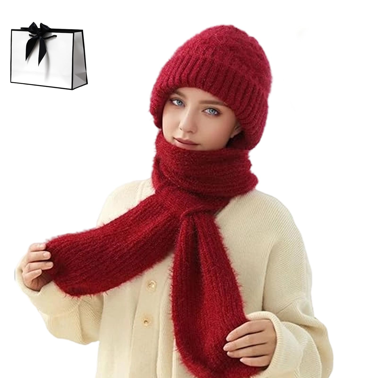 Hopasrisee Women's Burgundy Winter Versatile Knitted Hooded Scarf For Winter Hooded Scarf, Integrated Ear Protection Windproof Thick Scarfs, Warm Knitted For Cold Weather Outdoor (Burgundy)