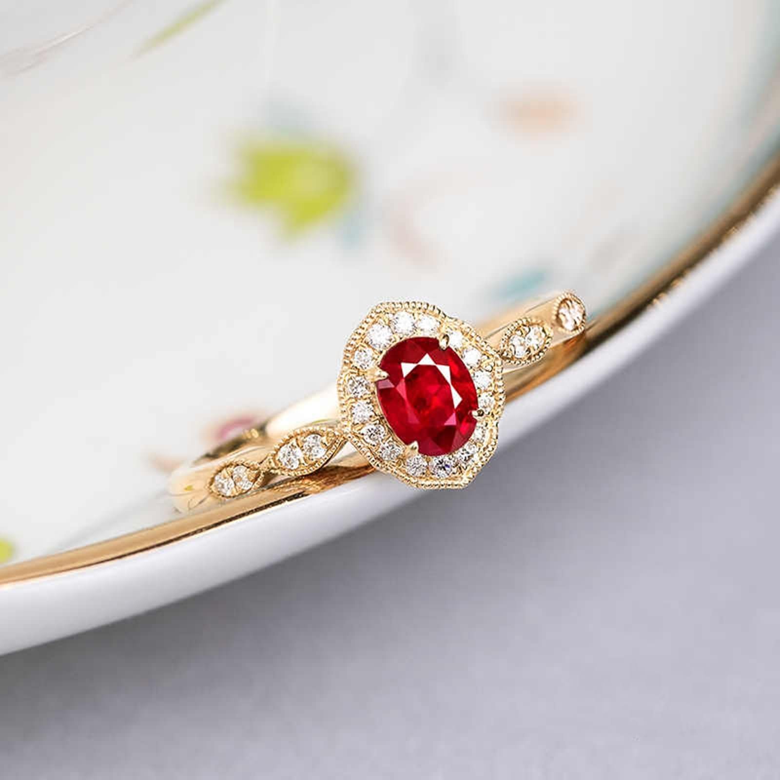 Złoty pierścionek damski 375 owalny pierścionek z 4 pazurami, 0,45 ct rubin i diament, pierścionki złoto 375, prawdziwe dla Ciebie, rozmiar 60 (19,1), żółte złoto 9 K, modna biżuteria na