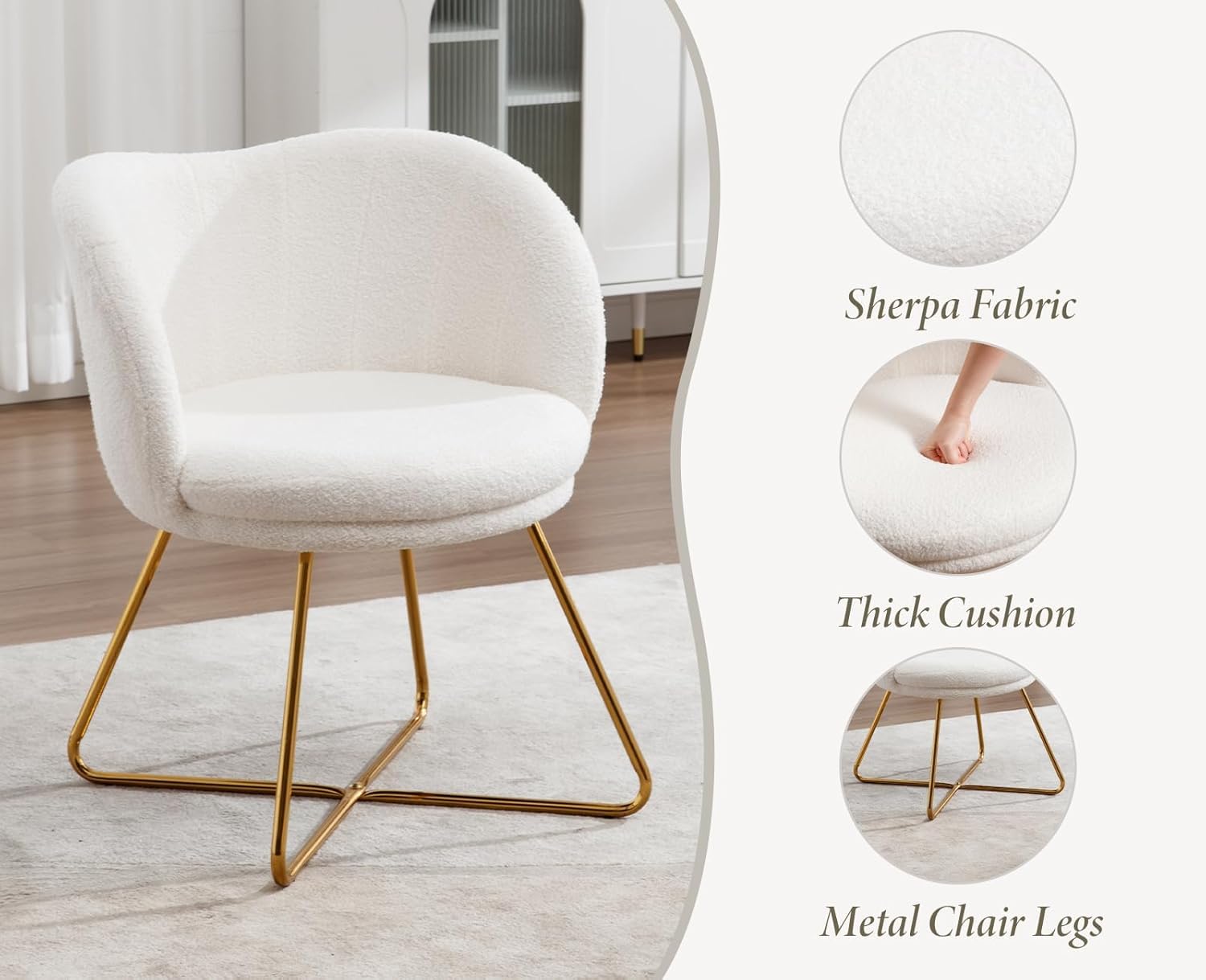 chairus Schminktisch Stuhl aus Kunstfell, Sessel Wohnzimmer Gepolstert Loungesessel Polsterstuhl Armlehnstuhl mit Gold Metallbeinen für Schlafzimmer & Wohnzimmer, Weiß