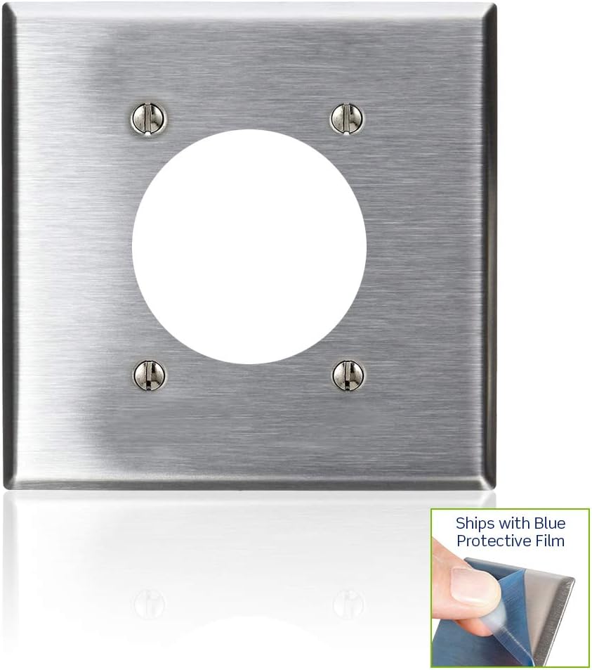 Leviton 2-Gang Stainless Steel Wallplate with a corner of blue protective film being peeled off.