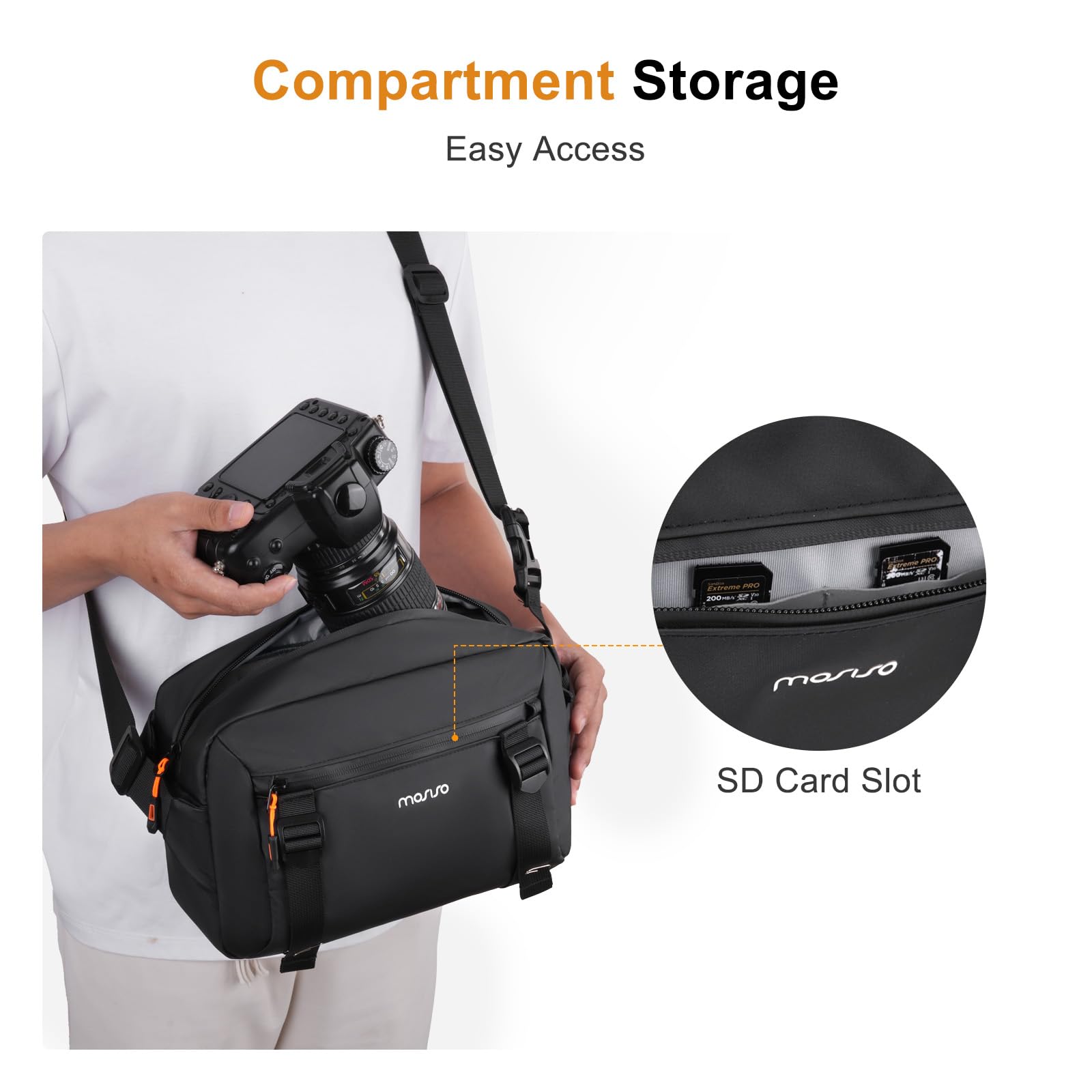 MOSISO Borsa Fotografica Tracolla Impermeabile, Borsa Crossbody Imbottita | per Fotocamere DSLR/SLR/Mirrorless, con Supporto Frontale & Treppiede & Copertura Antipioggia, Nero