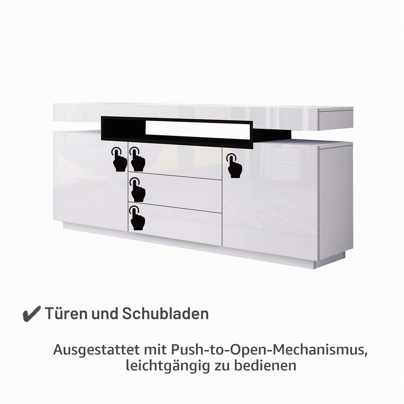 Weiß Sideboard Schrank Matt Body & Hochglanz TV Lowboard LED Beleuchtung Kommode mit 2 Türen 3 Schubladen 160cm für Wohnzimmer Esszimmer