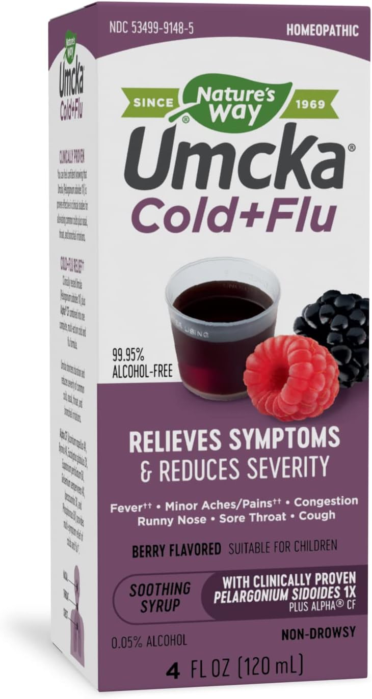 Nature's Way Umcka Cold+Flu Homeopathic, Fever**, Sore Throat, Cough, Congestion, Minor Aches/Pains** , Phenylephrine Free, Non-Drowsy, Berry Flavored, 4 Fl. Oz. Syrup