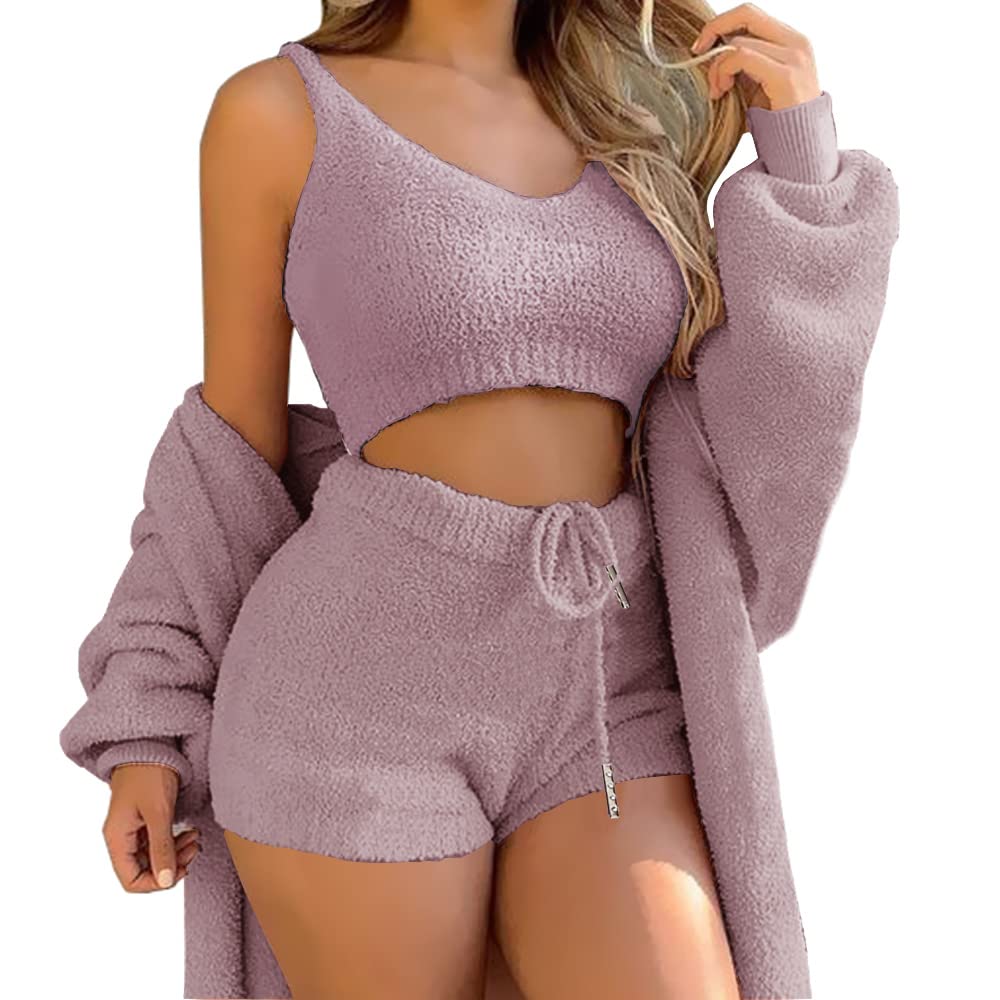 Women Fuzzy Piece Outfit Pajamas, Hooded Cardigan Outwear Sleeveless Crop  Tops Shorts Nightwear Set (S-3XL)