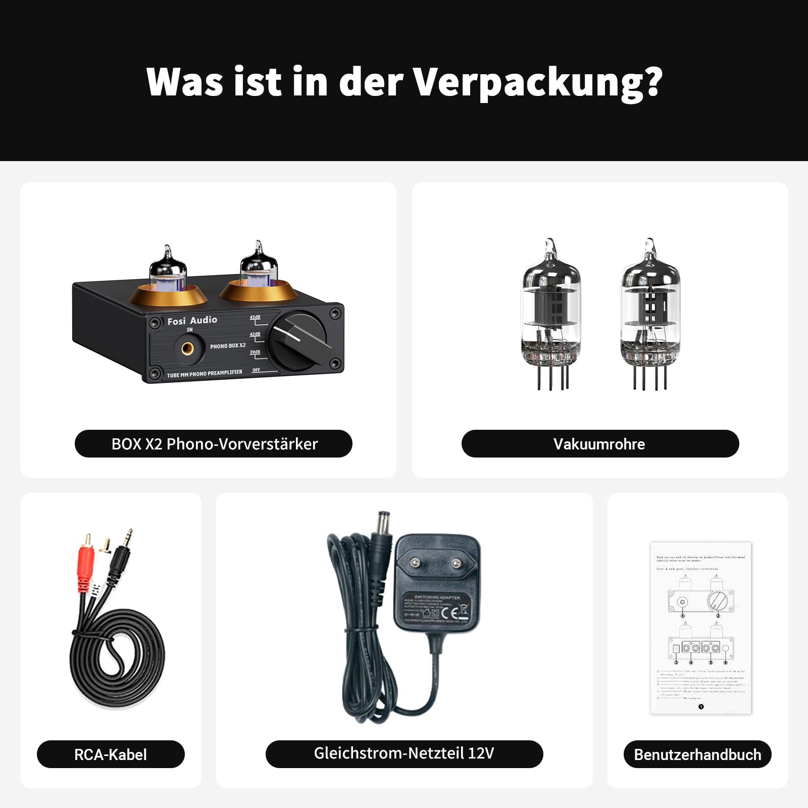 Fosi Audio Box X2 Phono Vorverstärker für MM Plattenspieler, Stereo Röhrenvorverstärker HiFi Mini Vakuum Vorverstärker mit Gain-Regelung, inkl. 12V DC Netzteil