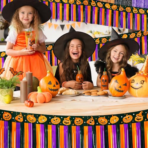 Image of 4 Packs 10 Feet Long Foil Fringe Halloween Garland Orange Purple Black Tinsel Metallic Streamers Pumpkin Wall Hanging Banner for Car Parade Floats Table Skirts Indoor Party Decorations