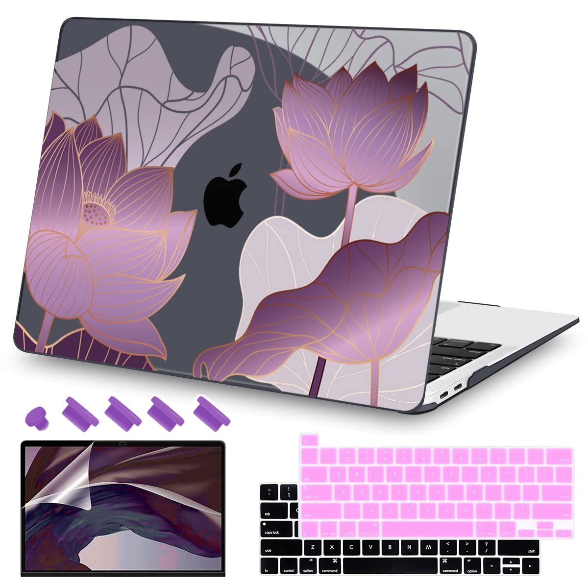 Teryeefi for 2020 2022 2016-2019 MacBook Pro 13 inch Case A2338 A2289 A2251 A2159 A1989 A1706 with M2 M1 & Touch Bar, PC Hard Shell Case & Keyboard Cover & Screen Protector, Luxurious Purple Lotus