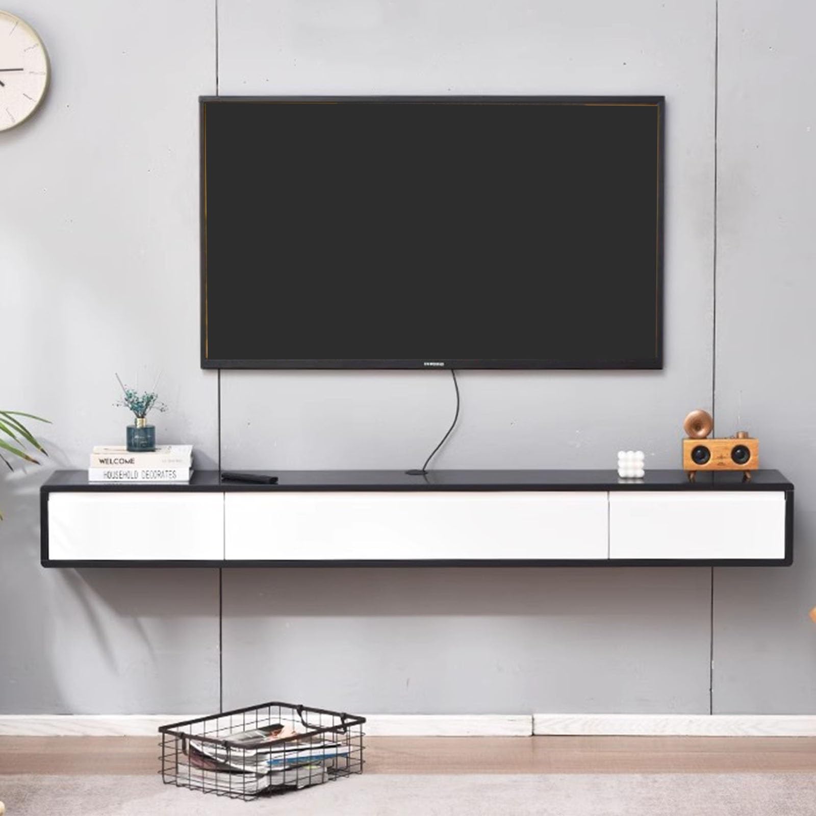 Schwebende TV-Einheit, Wandhalterung, Konsole mit 2 Schubladen, Wandmontage, Media-Entertainment-Center, Multimedia-Aufbewahrungsregale, Schwarz und Weiß, 120 cm