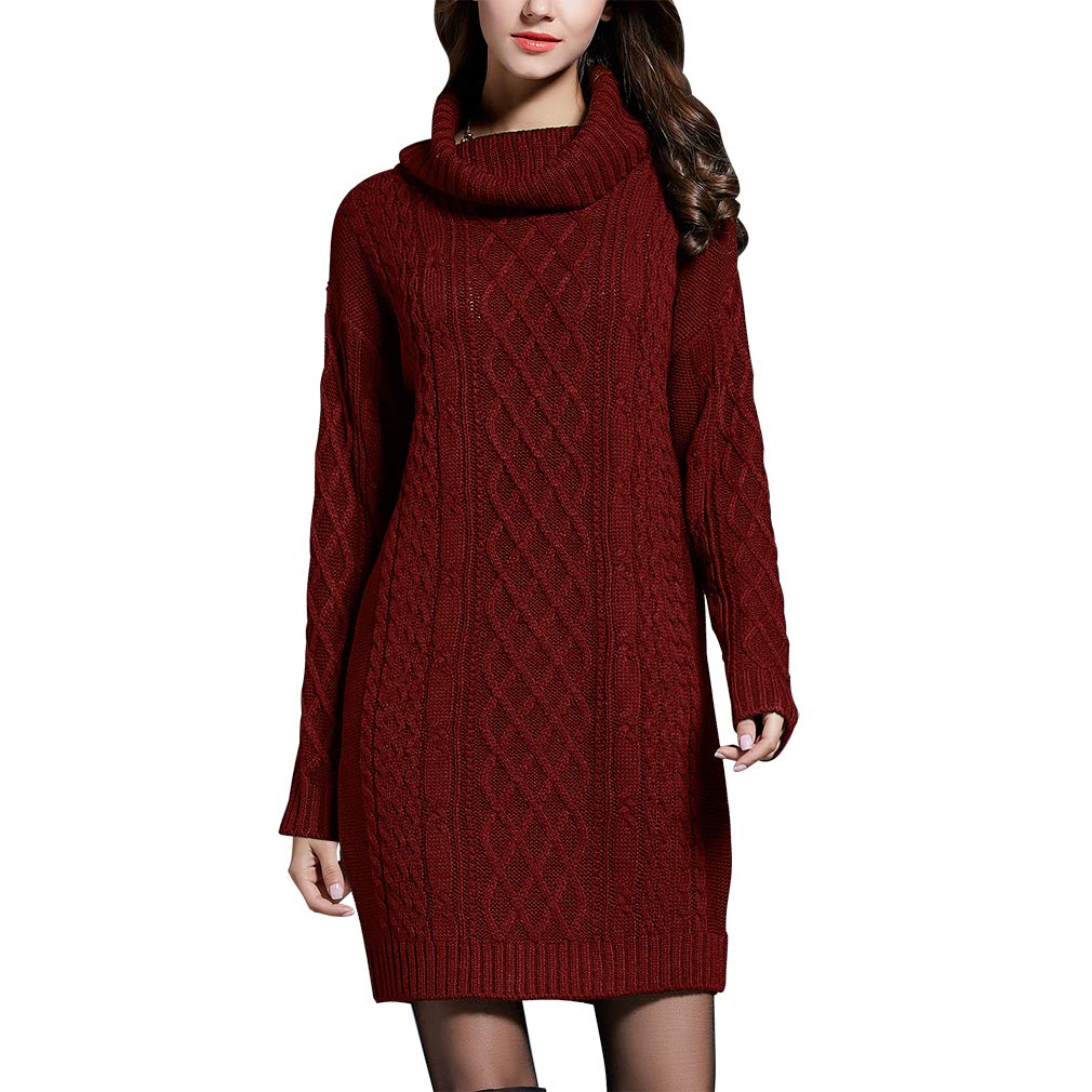Chowsir Women Casual Cable Knit Cowl Neck Pullover Long Sweater Dress Tunic Tops