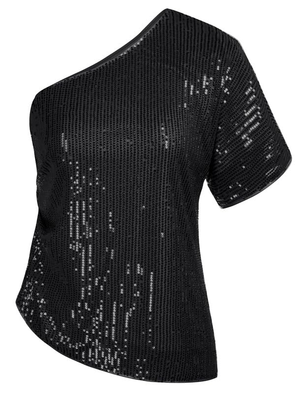 JASAMBAC Top da donna con paillettes Sparkle Shimmer a spalla, sexy, lucido, per feste con glitter