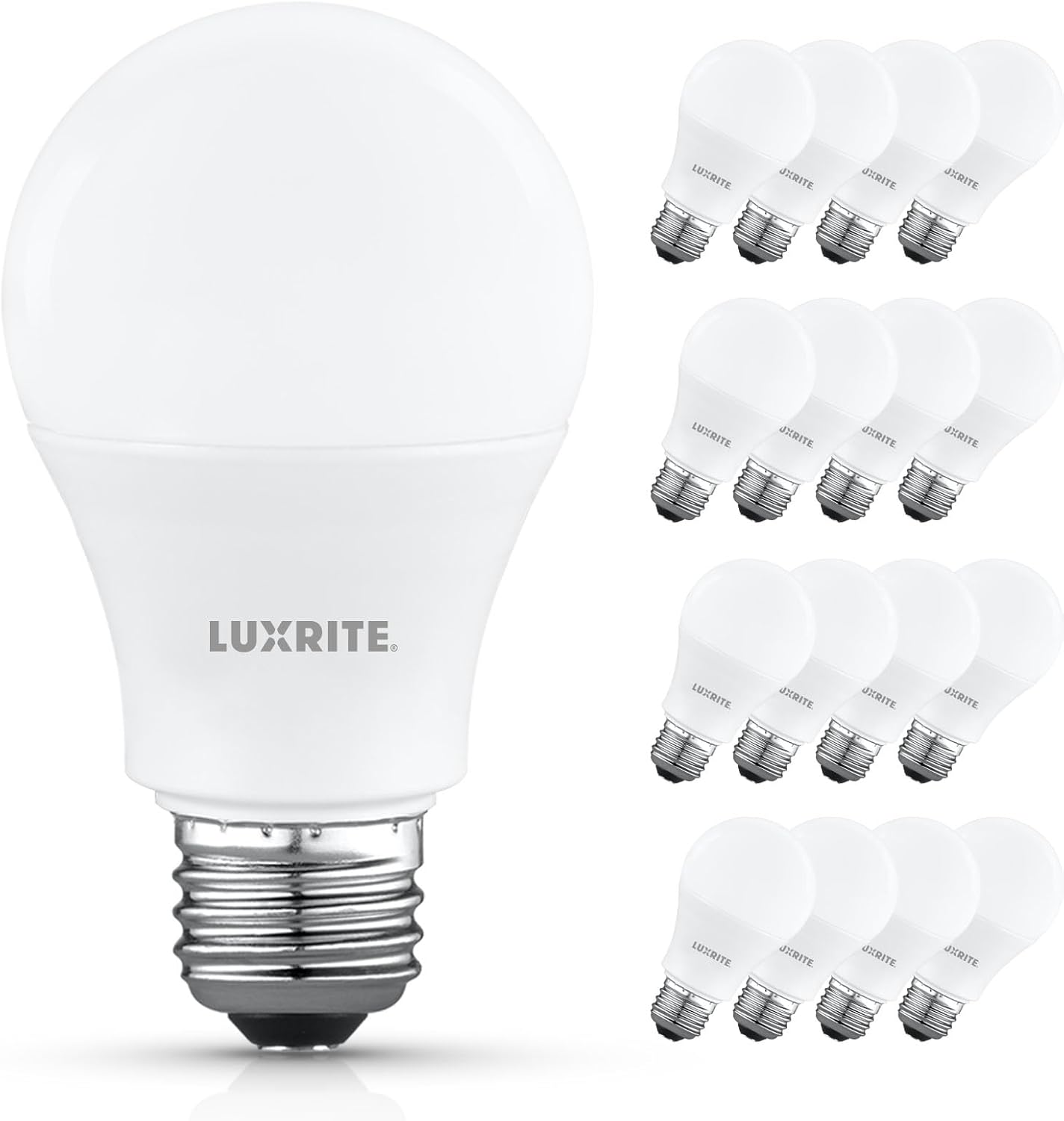 LUXRITE A19 LED Light Bulb 60 Watt Equivalent, Non-Dimmable, 2700K Warm White, 800LM, Standard LED Light Bulbs 8W, E26 Base, Enclosed Fixture Rated, Damp Rated, ETL Listed (16 Pack)