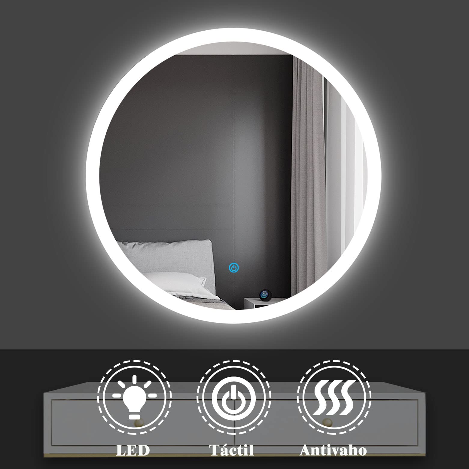 Espejo de Baño LED 60 x 60 cm, Espejo Redondo LED de Pared 6000k Blanco Frío, Función Antivaho, Control Táctil (Luz Ancho en Margen)