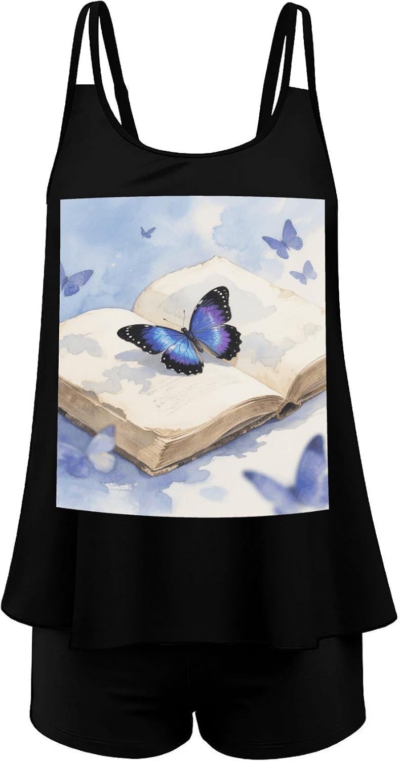 Butterfly On Book Page Tankini Swimsuits for Women Tummy Control Two Piece Bathing Suits Swim Tops with Boy Shorts