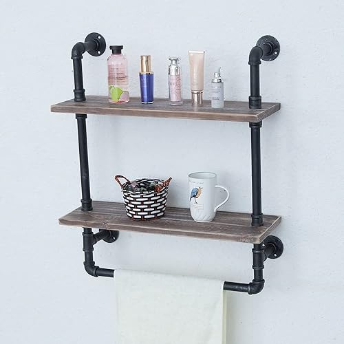 Miniatura 5 de Estantes de baño industriales montados en la pared de 2 niveles, estante de madera rústico de 24 pulgadas con toallero, toallero de granja, estantes
