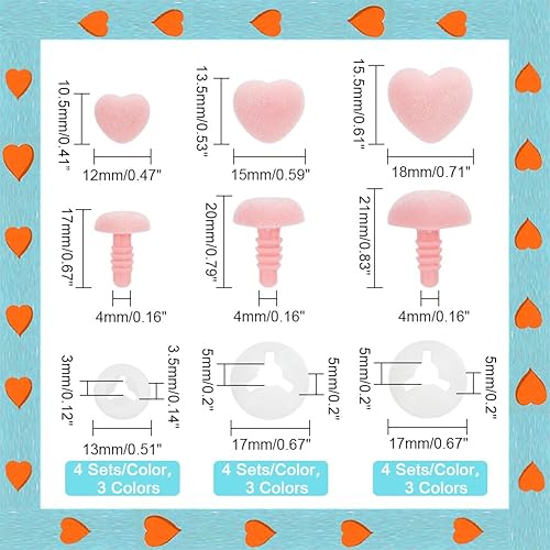 Miniatura 2 de PH PandaHall 36 piezas de nariz de seguridad flocada, 3 tamaños, narices de corazón, manualidades, narices amigurumi, nariz rosa, terciopelo de