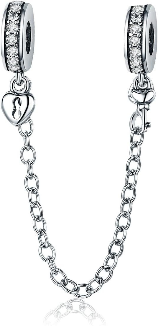 925 Sterling Silver Safety Chain Charm Bead Fits Pandora Bracelet Love Heart Clear CZ Crystal Stopper Lock Clip Beads Snake Chain Charms Women DIY Jewelry