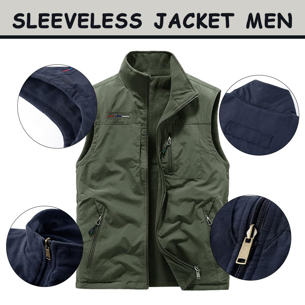 Gilet tattico leggero da uomo senza maniche con multi tasca | Gilet da viaggio casual foderato in pile, vestibilità ampia, con cerniera intera, per golf, viaggi, pesca, escursionismo