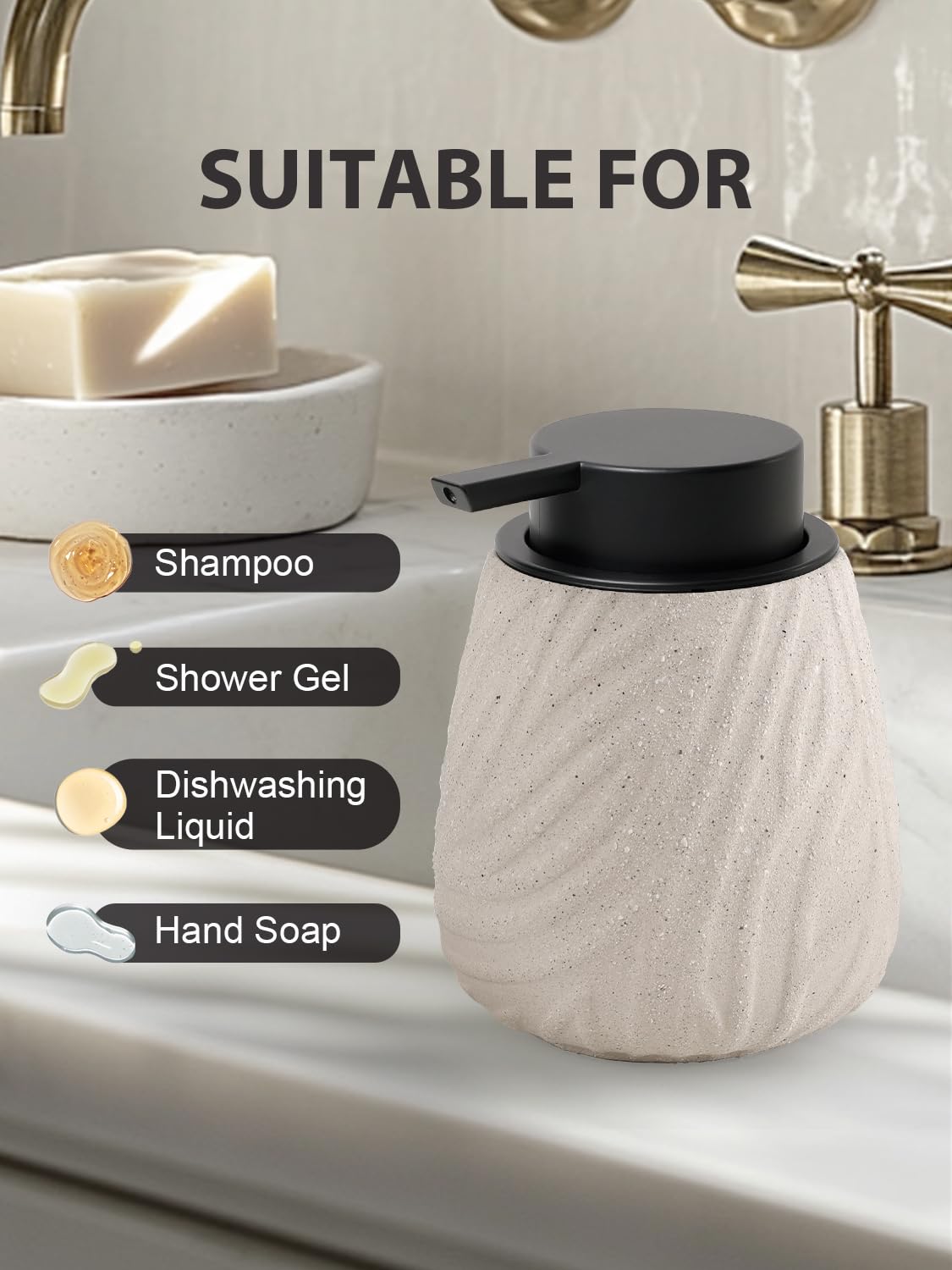 Dozownik mydła z pianki, dozownik płynu do mycia naczyń, 400 ml, naturalny beżowy, z dużą głowicą pompki, ceramiczny dozownik mydła piankowego do kuchni, łazienki