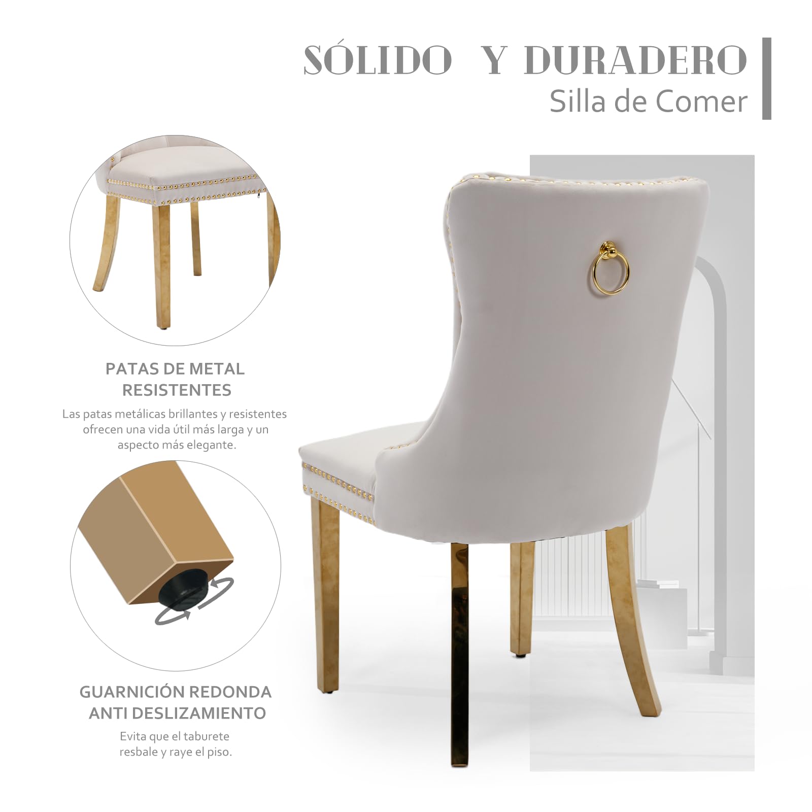 SoarFlash Sillas de Comedor en Terciopelo, con Espaldar ala Acolchado, Remaches de Clavos, Forro Remachado, Aro Decorativo Trasero y Patas en Metal Dorado, Juego de 6, Beige