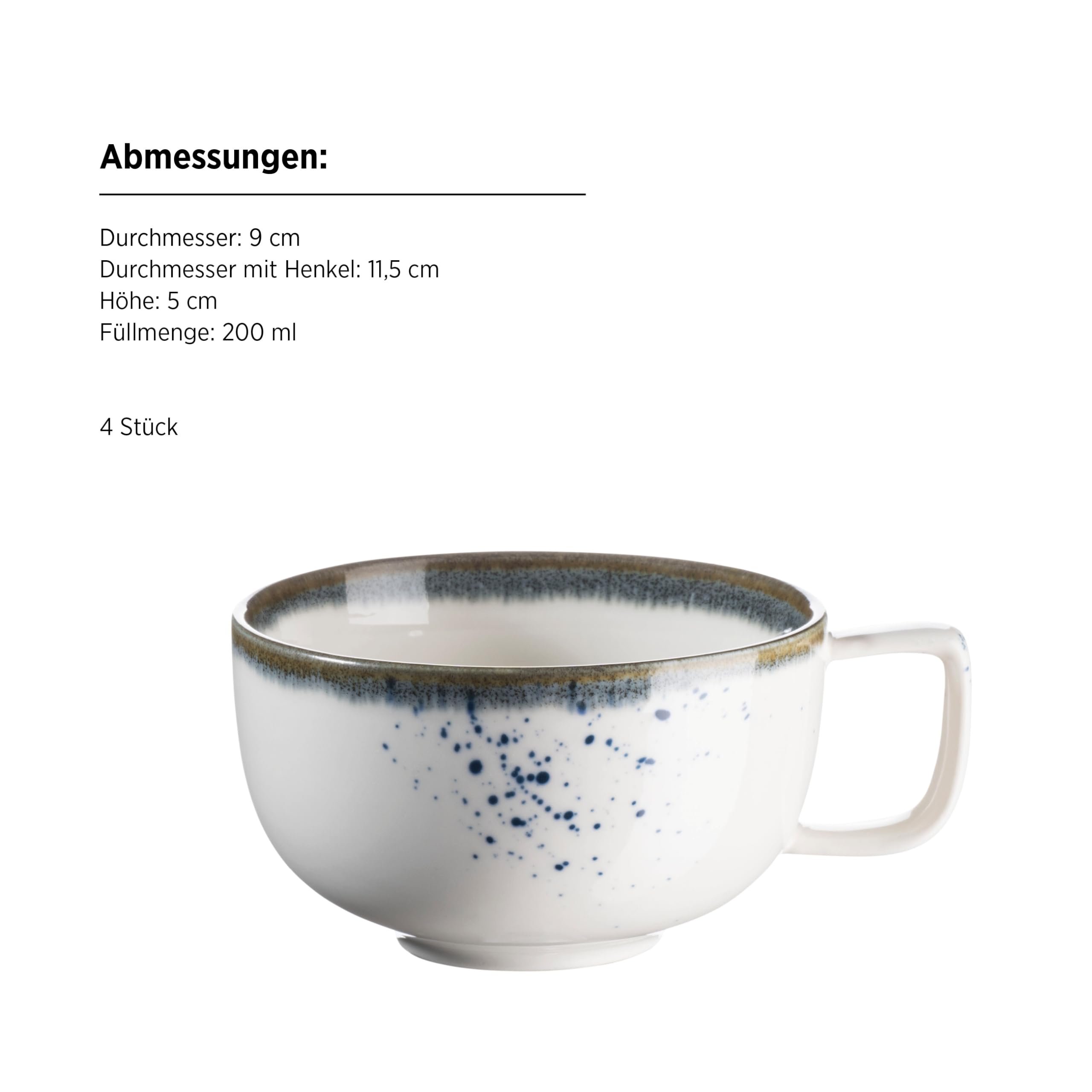 MÄSER Serie Pintar, set di tazze da caffè di alta qualità per 4 persone, servizio da 8 pezzi con smalto chiaro, macchie blu visive e bordo fine in stile vintage, fatto a mano, in porcellana