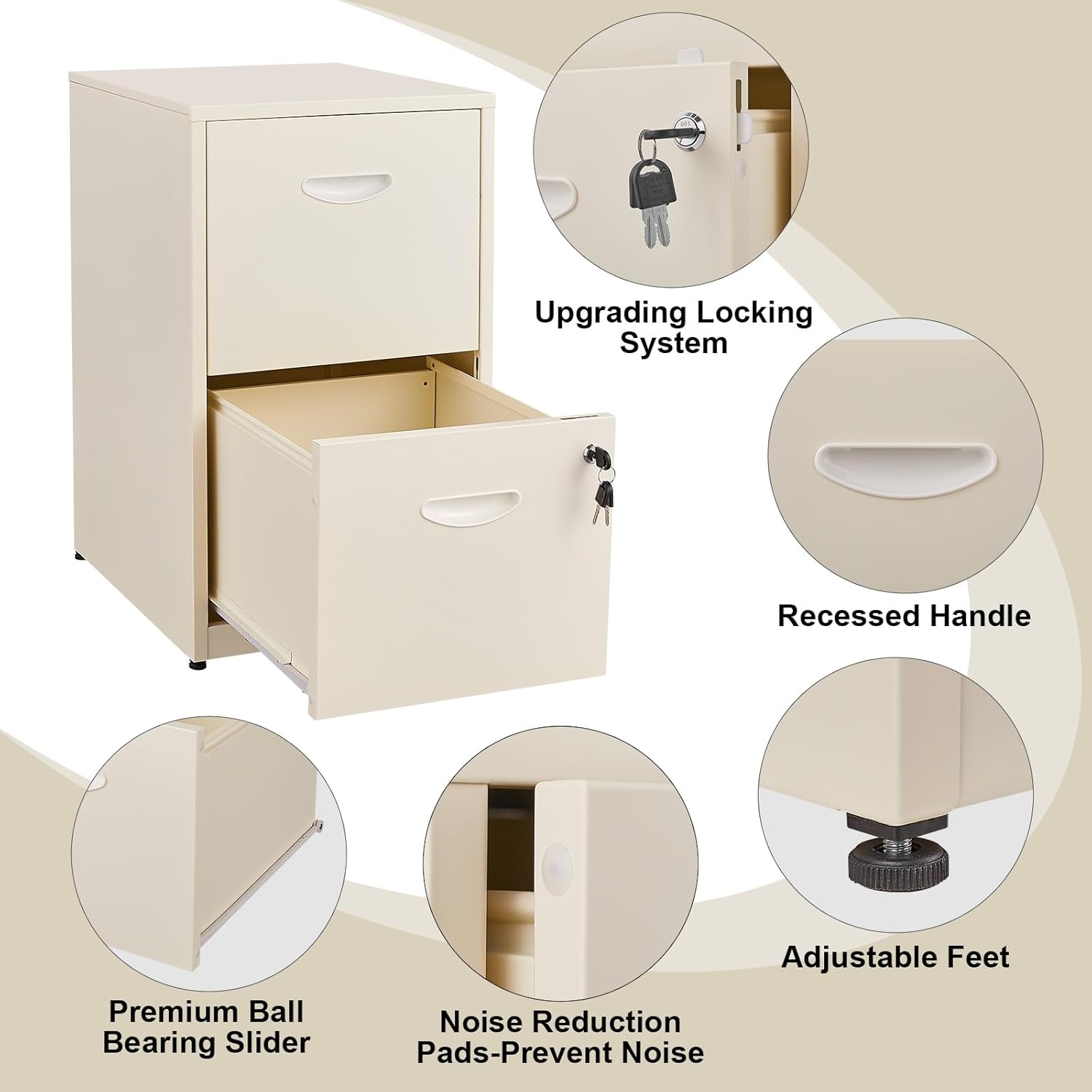 Diagram highlighting key features: upgrading locking system, recessed handle, premium ball bearing slider, noise reduction pads, and adjustable feet.