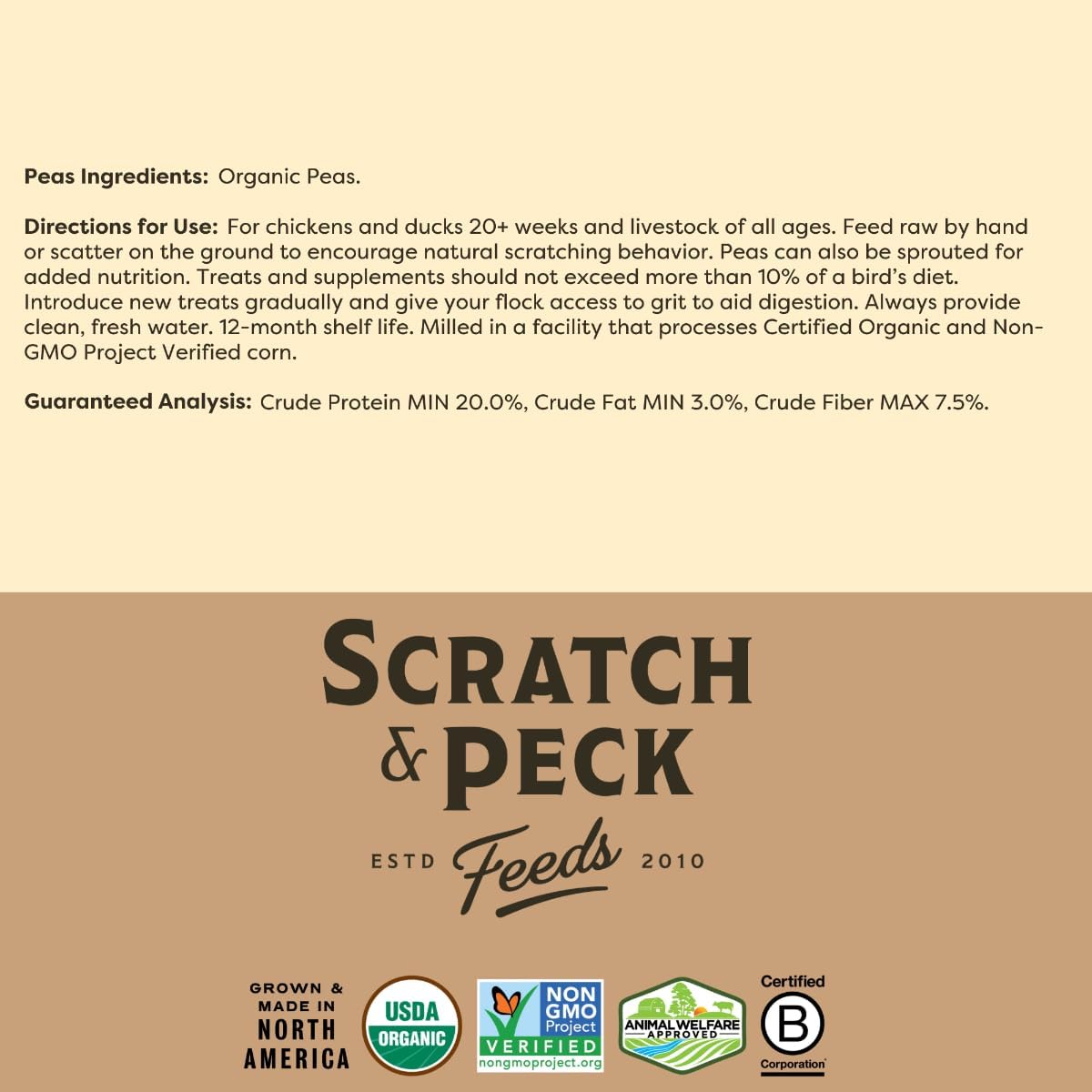 Scratch and Peck Whole Peas Chicken, Duck and Livestock Supplemental Grain - 20% Protein, Certified Organic and Non-GMO Project Verified Chicken Food - 40 lbs Bag